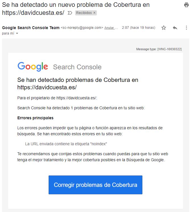 Se han detectado problemas de cobertura La URL enviada contiene la etiqueta noindex